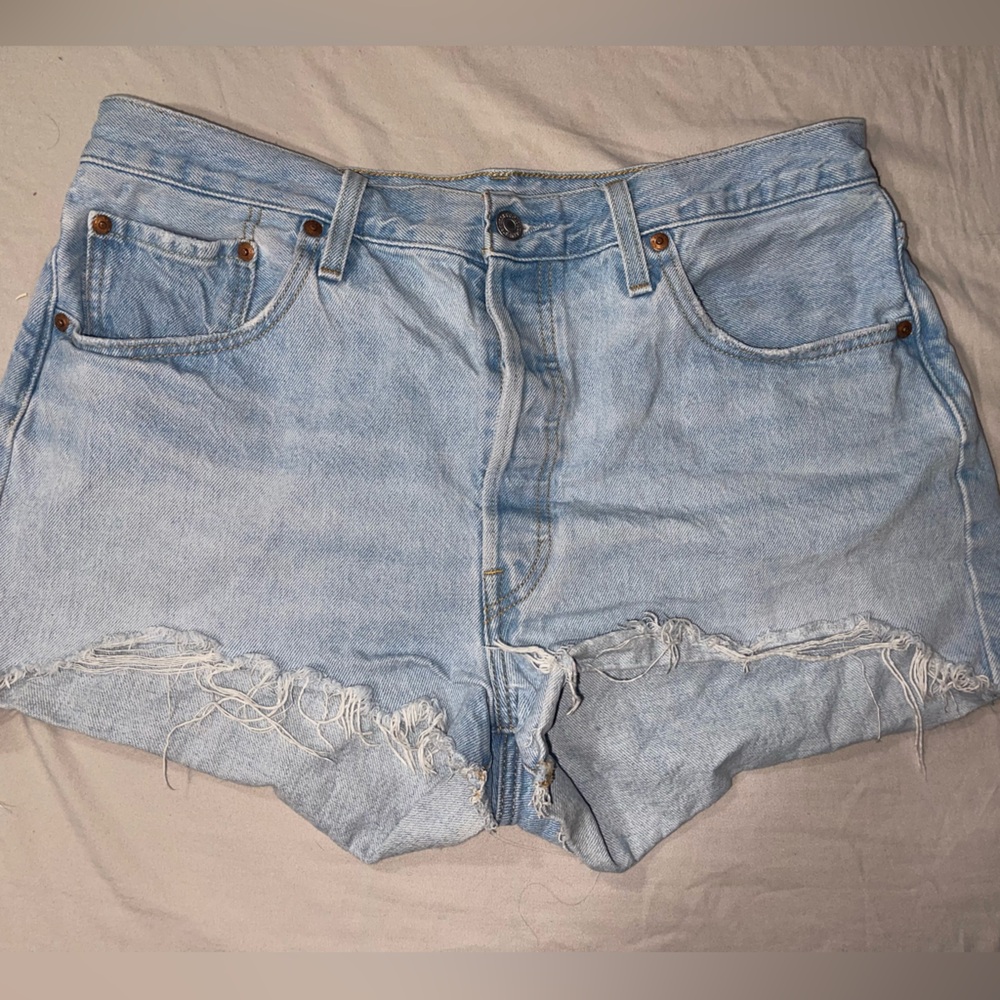 Light Blue Levi Distressed High Waisted 501 Shorts